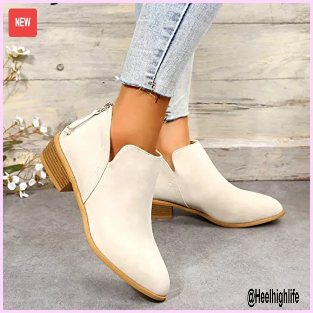 Women's Low Heel Ankle Booties Casual Dress Shoes V Cut Chunky Block Heel